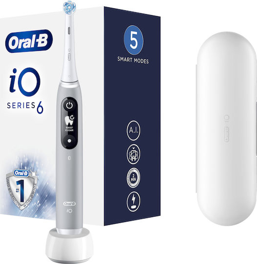 Oral-B iO Series 6 Electric Toothbrush with Timer, Pressure Sensor, and Travel Case Gray Opal