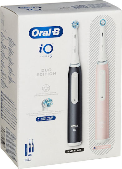 Oral-B iO Series 3 Elektrische Zahnbürste mit Drucksensor und Reisetasche Matt Black / Blush Pink