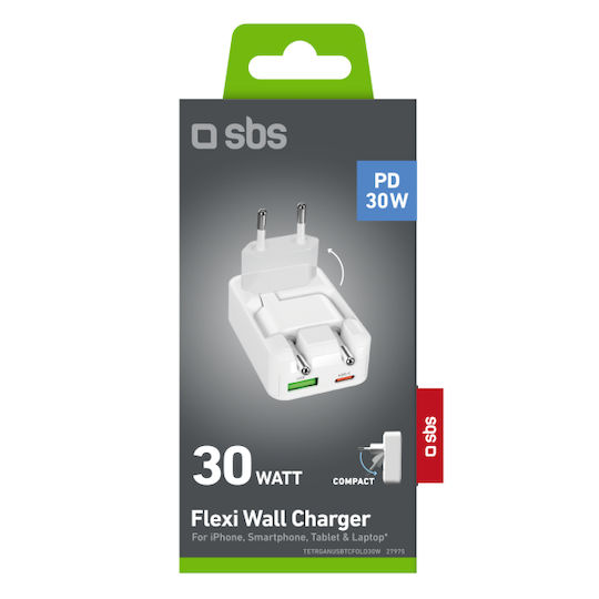 SBS Φορτιστής Χωρίς Καλώδιο με Θύρα USB-A και Θύρα USB-C 45W Power Delivery Λευκός (ANUSBTCFOLD45W)