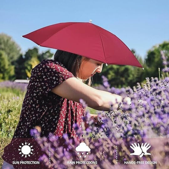 Head Umbrella Flippy 69 Cm Diameter Elastic Headband UV Rain Protection Dark Red