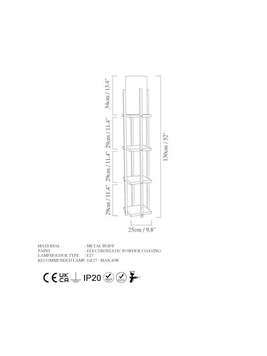 Opviq Shelf Lampa de podea Î130xL25cm. cu Soclu pentru Bec E27 Negru