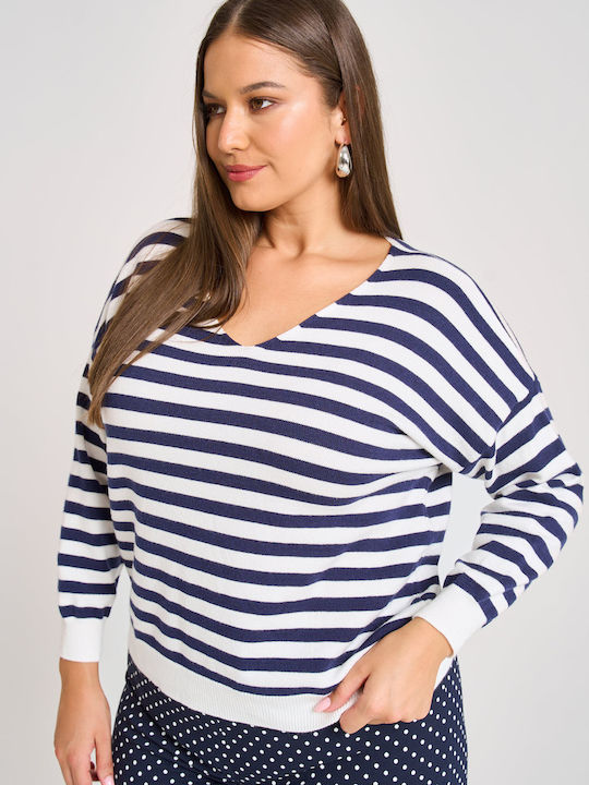 Women's Long Sleeve Sweater with V Neckline Striped Blue