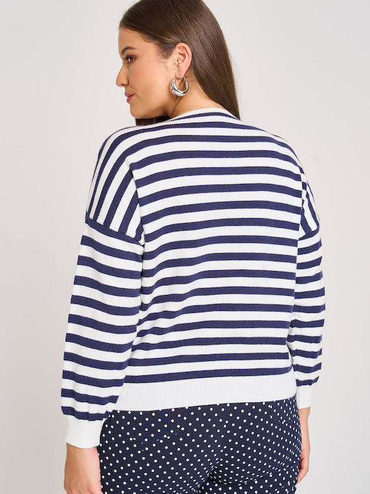 Women's Long Sleeve Sweater with V Neckline Striped Blue