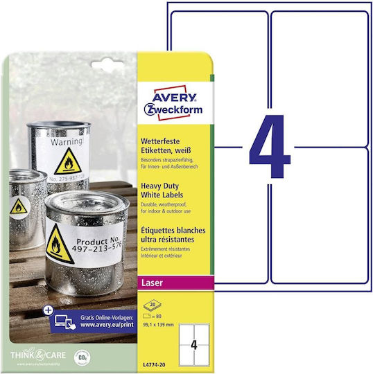 Avery 80 Αυτοκόλλητες Ετικέτες Α4 Ορθογώνιες 139x99.1mm