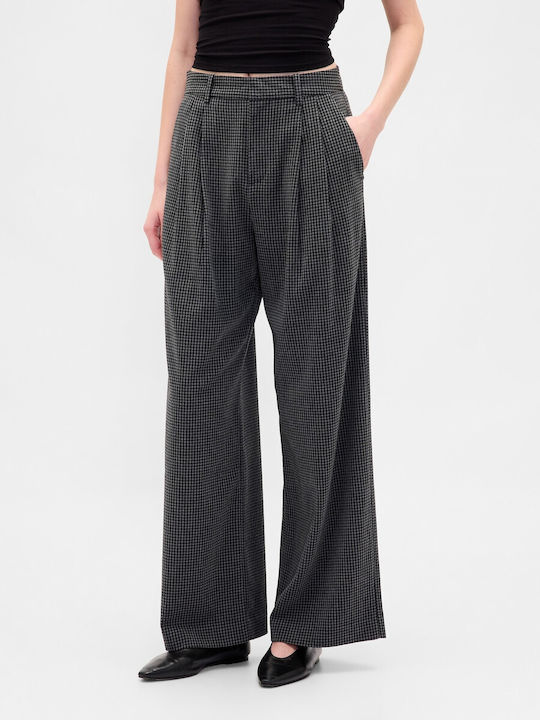 Women's High-waisted Fabric Trousers with Elastic Tonal Grey Plaid