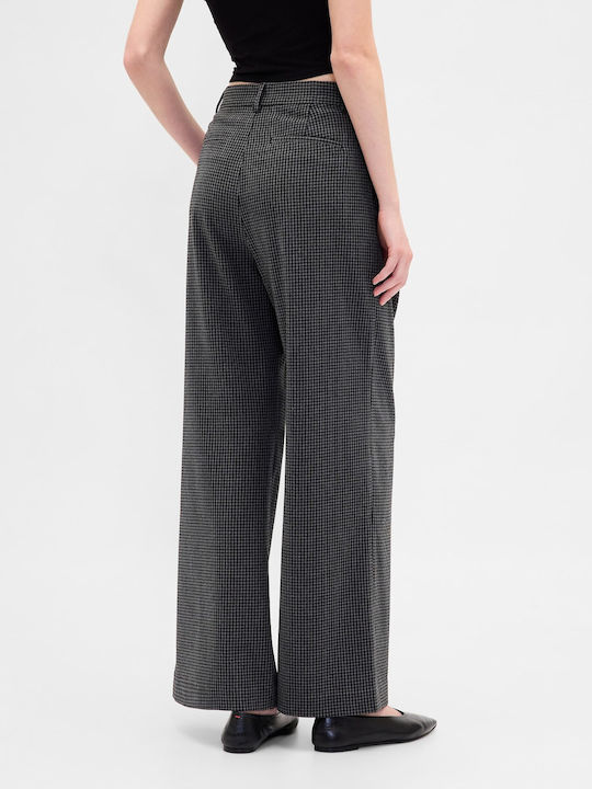 Women's High-waisted Fabric Trousers with Elastic Tonal Grey Plaid