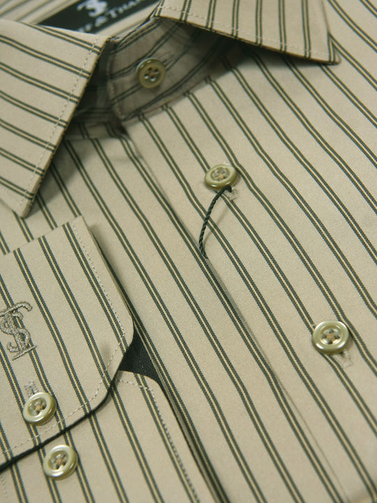 Long-sleeved Cotton Shirt Striped Olive