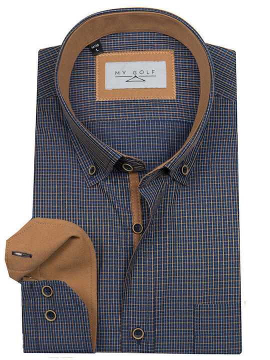 Long-sleeved Cotton Shirt Checked Blue/Camel