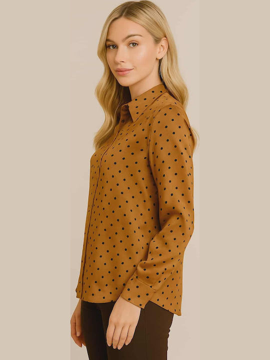 Women's Satin Polka Dot Long Sleeve Shirt Orange