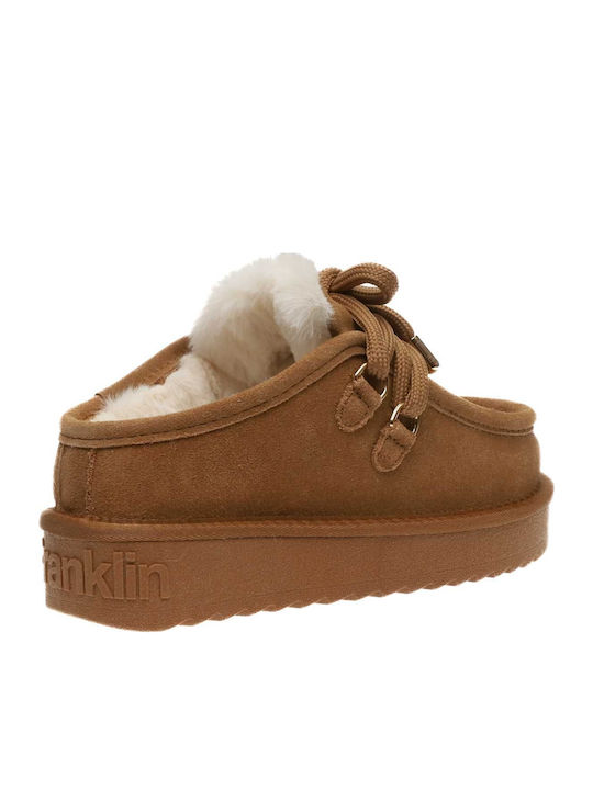 Leder Mules mit Niedrig Absatz in Tabac Braun Farbe