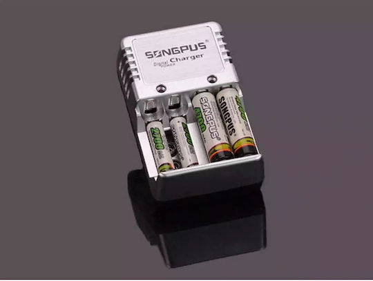Songpus Charger 4 Batteries Ni-Cd/Ni-MH Size AA/AAA/9V in White color