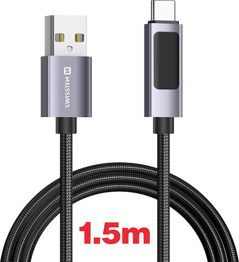 Swissten 3a Зареждане Синхронизация USB Към USB-C 60W Кабел 1.5м LED Екран Черен