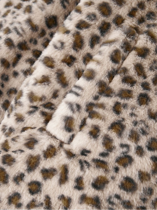 Kinder Mantel Lang mit Futter & Kapuze Ecru Leopard Print