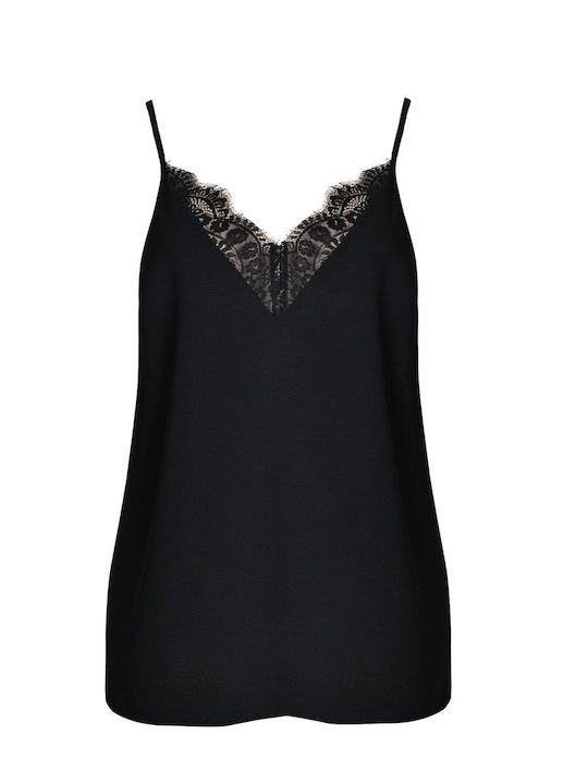 Bluza Damă Satin Cu Bretele Și Decolteu În V Neagră
