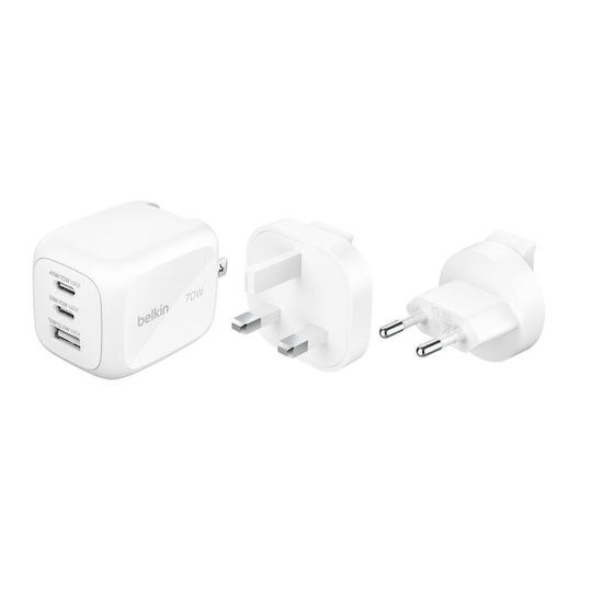 Belkin 3-port Usb C Charger 70w Gan Charger Including Plugs Usa Uk Eu 2 Usb-c Ports 1 Usb-a Port Fast Charger Macbook Iphone Ipad Pro Samsung Galaxy Pixel Etc – White