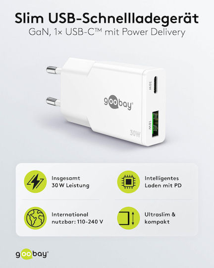 Goobay Φορτιστής Χωρίς Καλώδιο GaN με Θύρα USB-A και Θύρα USB-C 30W Power Delivery Λευκός (75738)