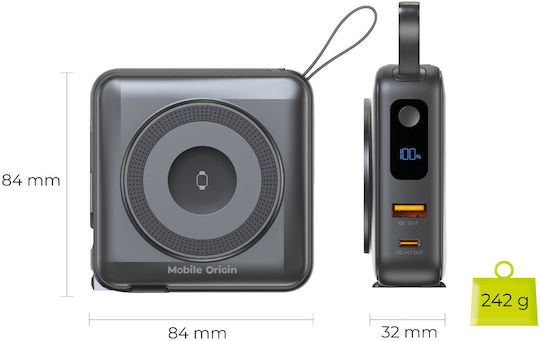 Mobile Origin PBT-03L-BLK MagSafe Power Bank 10000mAh 20W με Θύρα USB-A και Θύρα USB-C Power Delivery Μαύρο