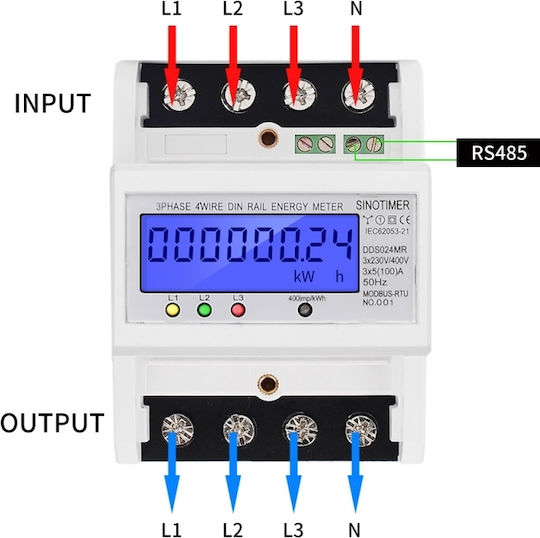Contor de Energie Electrică Trifazat Energie Reactivă Sinotimer 3x230/400V AC 50Hz 3x5 80 A Ecran Iluminat cu LED DDS024MR