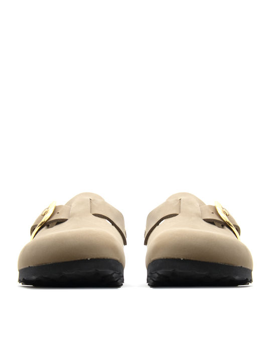 Boston Big Buckle Leather Winter Women's Slippers Beige Narrow Fit