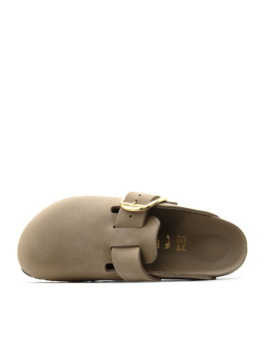 Boston Big Buckle Leather Winter Women's Slippers Beige Narrow Fit