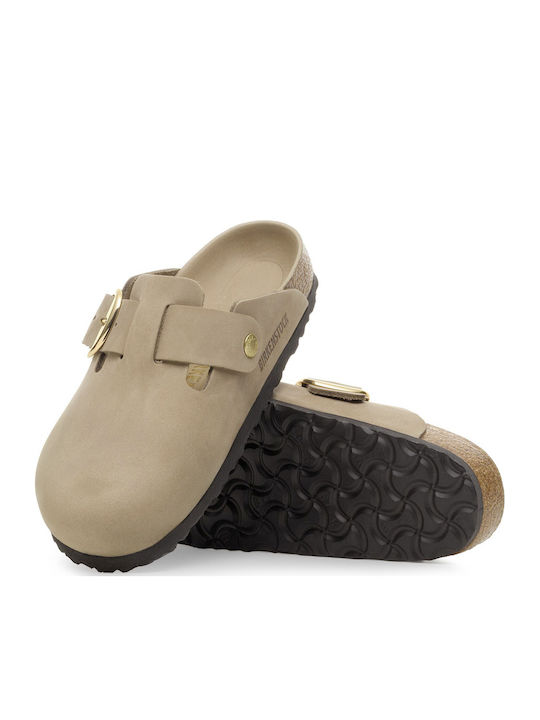 Boston Big Buckle Leather Winter Women's Slippers Beige Narrow Fit