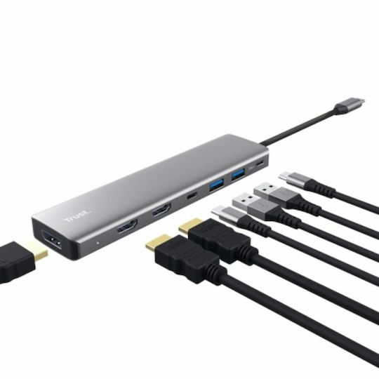Trust 7 IN 1 USB-A / USB-C Docking Station with HDMI 4K PD Ethernet and Support for 2 Monitors Silver