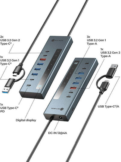 Icy Box Хъб 9 порта с връзка USB-A Сив