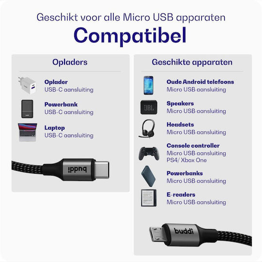 Buddi Flex USB-C la MicroUSB Negru 1m
