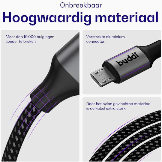 Buddi Regular USB 2.0 to micro USB Cable Μαύρο 2m 1τμχ
