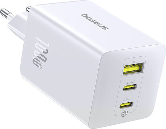 Baseus Φορτιστής Χωρίς Καλώδιο GaN με Θύρα USB-A και 2 Θύρες USB-C 100W Power Delivery / Quick Charge 3.0 Λευκός (EnerFill FE11)