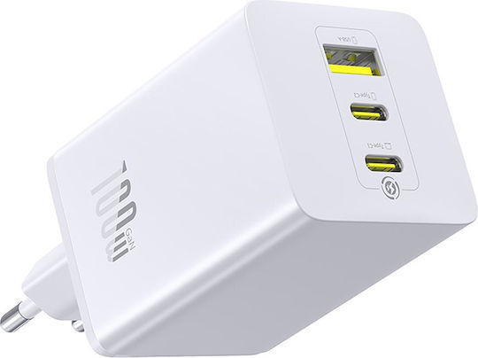 Baseus Φορτιστής Χωρίς Καλώδιο GaN με Θύρα USB-A και 2 Θύρες USB-C 100W Power Delivery / Quick Charge 3.0 Λευκός (EnerFill FE11)
