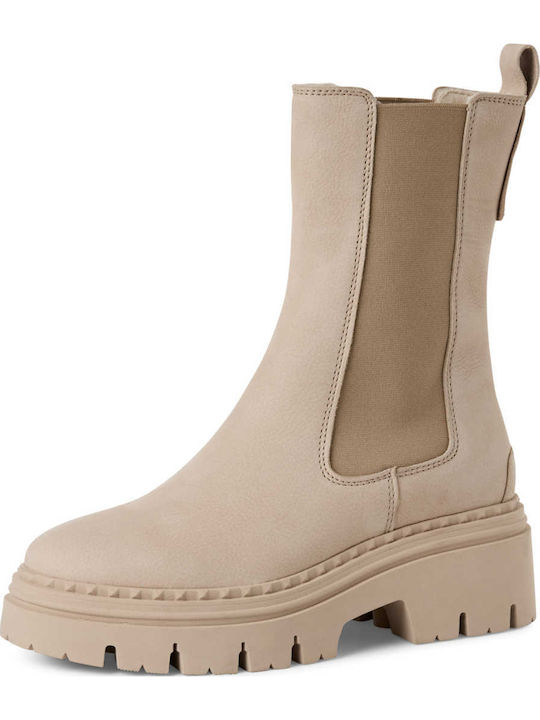 Leather Women's Chelsea Boots with Medium Heel Beige