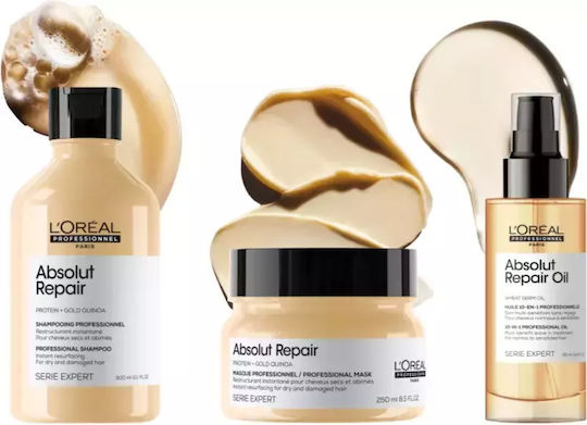 L'Oréal Professionnel Absolut Repair Hair Care Set Reconstruction & Nourishment for Damaged Hair with Shampoo Mask and Oil 3 Pieces