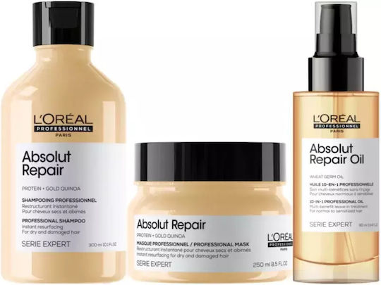 L'Oréal Professionnel Absolut Repair Hair Care Set Reconstruction & Nourishment for Damaged Hair with Shampoo Mask and Oil 3 Pieces