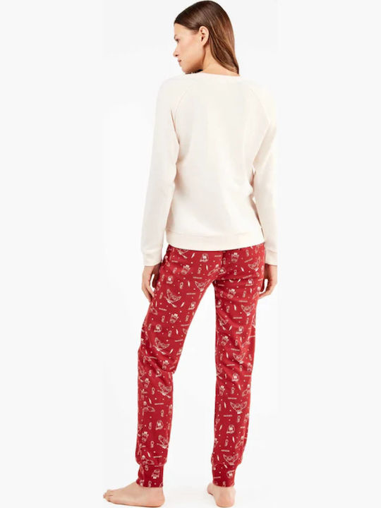 Gisela Winter Damen Pyjama-Set Ecru/burgundy