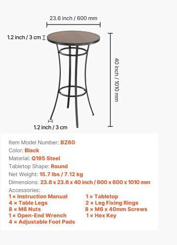 Outdoor Bar Free Standing Metal Table Black 60x60x101cm