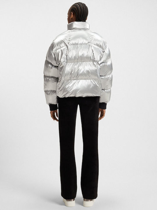 High-sheen Γυναικείο Puffer Μπουφάν για Χειμώνα Ασημί