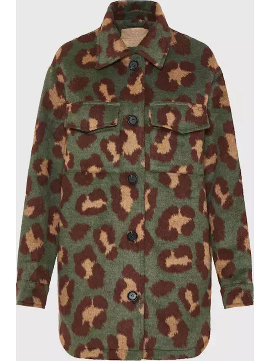 Women's Leopard Khaki Overshirt with Fur Details