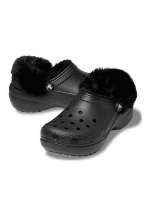 Crocs Classic Platform Femei Sabot cu blană Negre