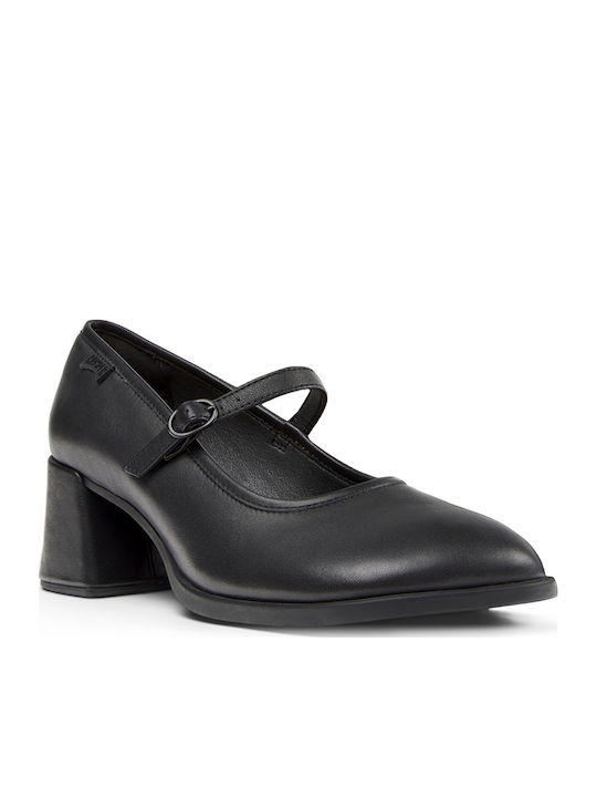 Leather Black Medium Heels with Strap