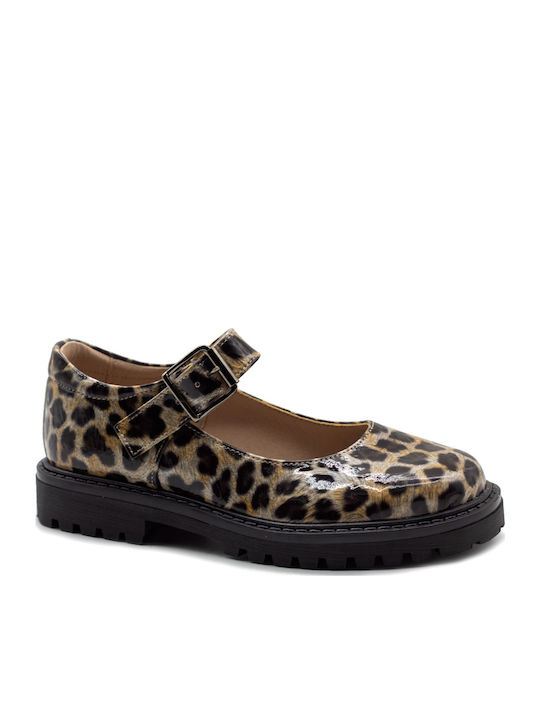 Kids Leather Ballerinas with Adjustable Metal Clasp Brown