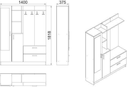 Mobilier de Intrare cu Oglindă / Cuier & Dulap pentru Pantofi Oak-anthracite 140x36.8x181.8cm