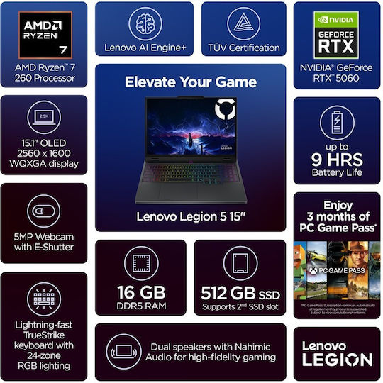 Lenovo Legion 5 15AHP10 15.1" OLED QHD+ 165Hz (Ryzen 7-260/16GB/512GB SSD/GeForce RTX 5060/W11 Startseite) (US Tastatur)