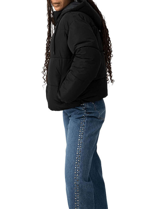 Women's Short Lifestyle Jacket for Spring or Autumn with Detachable Hood Black