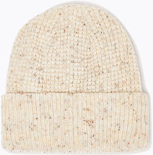 Ellipse Patch Waffle Beanie Unisex Beanie with Rib Knit in Beige color