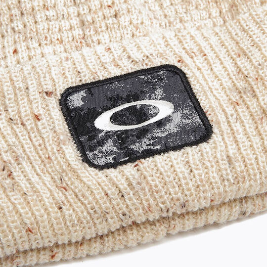 Ellipse Patch Waffle Beanie Unisex Beanie with Rib Knit in Beige color