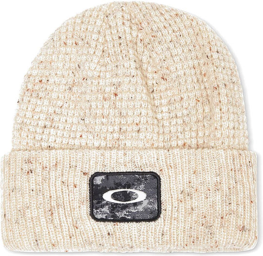 Ellipse Patch Waffle Beanie Unisex Beanie with Rib Knit in Beige color
