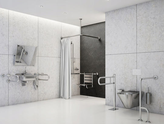 Gebogener Klapphandlauf Ø 32mm Bodengeschraubt Aus Aisi 304 Edelstahl Polierte Oberfläche Option Zur Montage von Toilettenpapierhalter Pbpx Abmessung 600 Mm