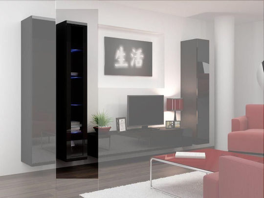 Vigo 180 Living Room Display Cabinet Made of Particle Board with Windowed Black Black Gloss 40x30x180cm