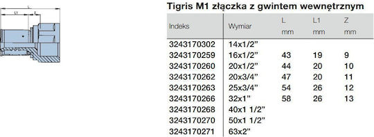 Wavin Пресова Връзка Вътрешна Резба Tigris M1 20mm 3/4" Pn10 3243170262